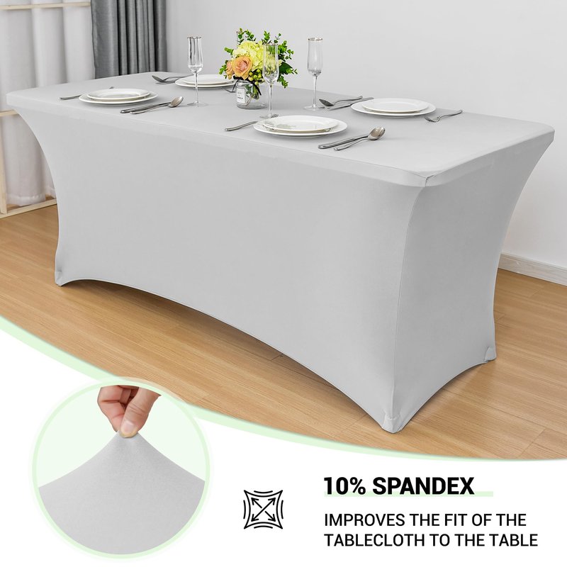 Obstal Spandex Table Cover 8ft Fitted Tablecloth Rectangular - Stretch Folding Table Cloth Rectangle for Birthday Party Wedding Banquet, Silver, 96L x 30W Inch