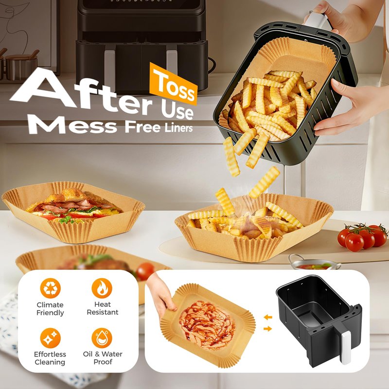 Air Fryer Liners Disposable for Dual Basket, 250Pcs 8x5.5 Inch Rectangular Parchment Paper for Ninja DZ201 DZ401, Chefman/COSORI 2-Basket Air Fryer, Oil Proof Baking Paper Sheets by Vailnd