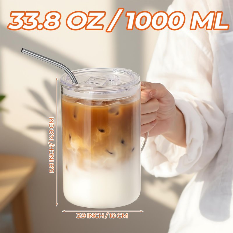 Sieral 2 Pack 33.8 oz Glass Tumbler with Straw and Lid Large Glass Cup with Handles Iced Coffee Glasses Reusable Drinking Glasses Set for Iced Coffee Smoothies Drink Juice for Birthday Valentine Gift