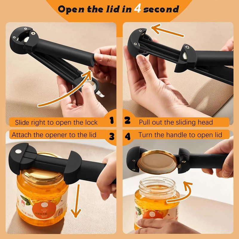 7 in 1 Jar Opener, Multifunctional Retractable Bottle Opener, Magnetic Can Opener, Suitable for Elderly People with Hand Weakness, Arthritis, Weak People, Kitchen Lid Opener, Black