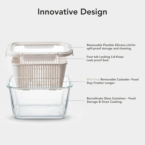 GENICOOK Glass Produce Storage Containers - Airtight 2-Pack for Fruits & Vegetables | BPA-Free Borosilicate Glass with Colanders