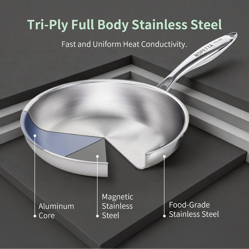 mopetta 10 inch Tri-Ply Stainless Steel Frying Pan,No Coatings PFOA&PTFE Free Skillets,Chef's Pans,Dishwasher and Oven Safe Cookware, Compatible with All Cooktops