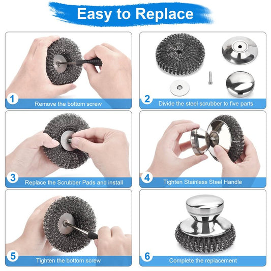 7PCS Steel Wool Scrubber Pads, Stainless Steel Scrubber Set with 1PCS Handle, Metal Scrubbers for Cleaning Kitchen and Household, Dishes, Stoves, Grill, Wash Sink, Pots
