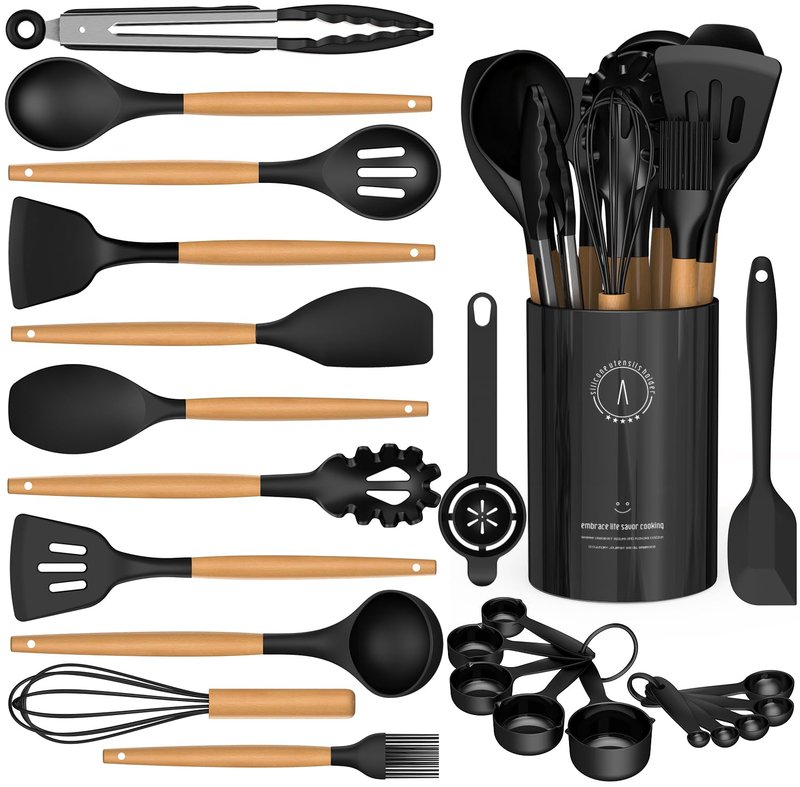 Silicone Cooking Utensils Set - AVGPD Silicone Kitchen Utensils for Cooking Wooden Handles, 446°F Heat Resistant Kitchen Utensil Spatula Sets, Gadgets for Non-Stick Cookware BPA FREE (Black)