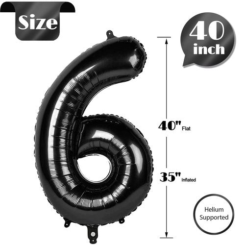 Black Number 6 Balloon 40 Inch, 6th Birthday Party Decorations for Children, Giant 6 Foil Balloon for Party Supplies