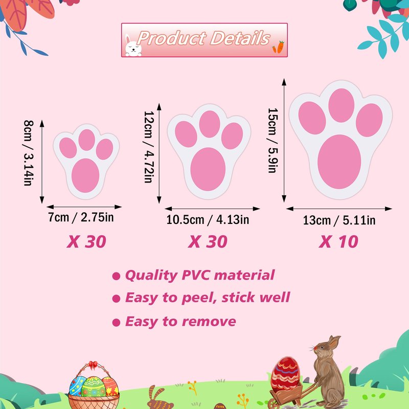 Wonmon 70PCS Removable Easter Bunny Paw Prints Stickers, 3 Size Easter Bunny Feet Stickers Rabbit Paw Decal Bunny Paw Print Clings for Home Office Classroom Floor Easter Party Decorations
