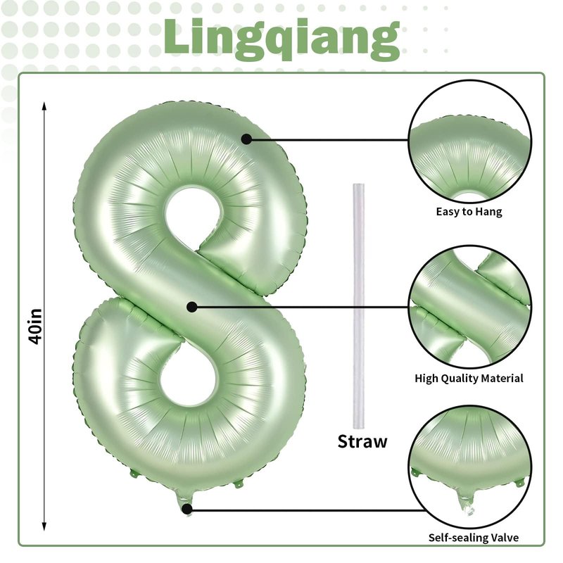 Sage Green Balloon Number 8, 40 Inch Large Self Inflating Foil Number Balloons 0-9, Olive Green Digital 8 Helium Balloon for 8th Girls Boys Women Jungle Safari Birthday Party Anniversary Decorations