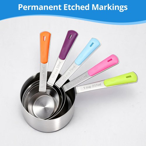 Bopei Measuring Cups and Spoons Set Stainless Steel 10 Piece for Cooking and Baking (5 Cups + 5 Spoons, Colorful Handles)