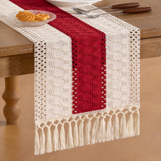 Socomi Boho Table Runner Macrame Long Summer Farmhouse Woven Cotton Linen Rustic Coffee Table Runner with Tassels for Dresser Scarf Home Decor Dining Room 12x108 in Red Ivory