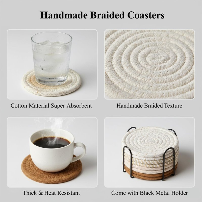 ZEXOLAP Drink Coasters Set of 8 with Holder – Cotton Woven Absorbent Coasters, 4 Colors for Coffee, Beer, Drinks & Tabletop Protection