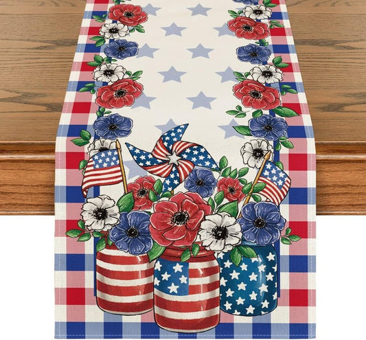 250 Anniversary USA Flag 4th of July Patriotic Flowers Star Table Runner 13x72 Inch Kitchen Memorial Day Welcome Yard Outdoor Home Decoration