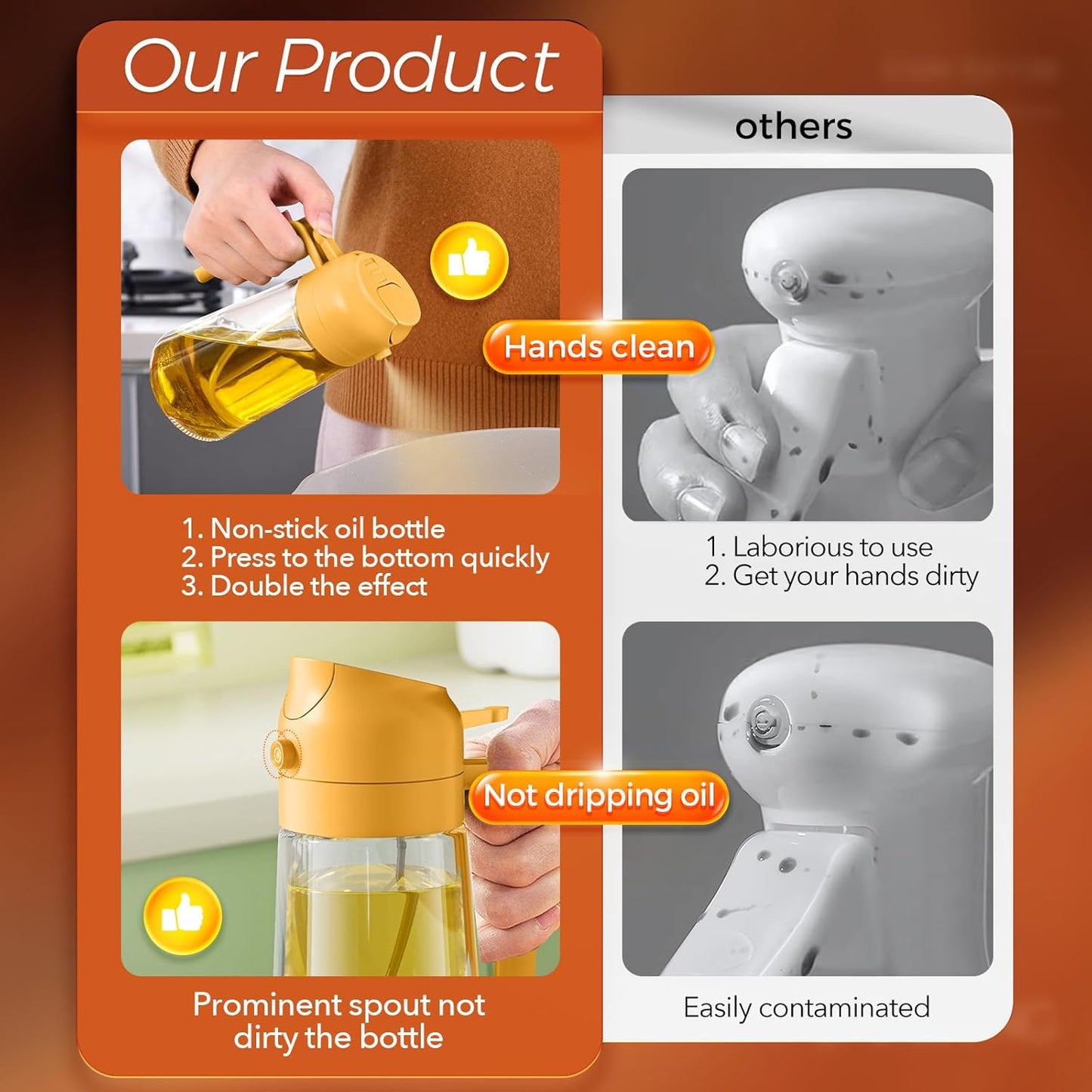 YARRAMATE Glass Olive Oil Sprayer - 16oz Premium Food Grade Dispenser for Cooking & BBQ (Orange)