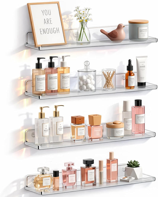 Lifewit Floating Shelves - Acrylic Wall Organizer for Makeup & Decor | 14" Clear Display Rack, 4 Pack