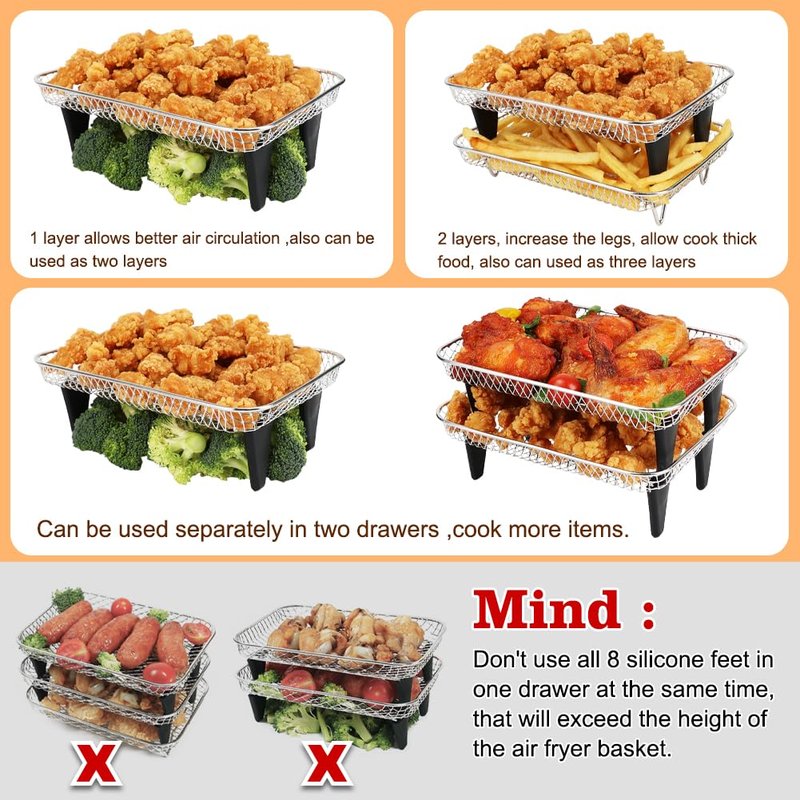BYKITCHEN Air Fryer Rack for Ninja 8 QT DZ201/ SL201 DualZone Airfryer/Bella 4QT Slim Airfryer&More, 3pcs Stackable Stainless Steel Dehydrator Rack with Silicone Feet, Ninja Air Fryer Accessories