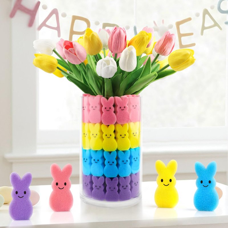 Labrostar Easter Decorations Easter Decor 15pcs Artificial Tulips with 48pcs Bunnies Vase Filler Spring Decor Home Indoor Decoration Centerpieces for Tables