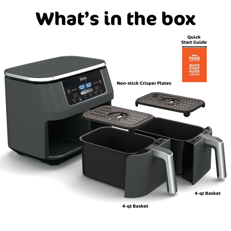 Ninja DZ201 Foodi 8 Quart 6-in-1 DualZone 2-Basket Air Fryer with 2 Independent Frying Baskets, Match Cook & Smart Finish to Roast, Broil, Dehydrate & More for Quick, Easy Meals, Grey