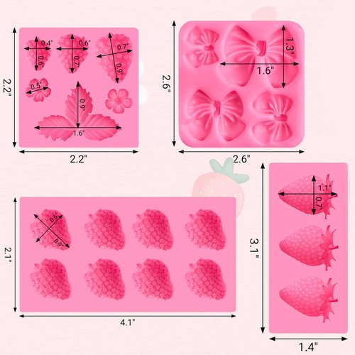 JOERSH 4PCS Strawberry Fondant Molds, Bow Fondant Silicone Molds, Fruit Baking Mold for Cake Decorating, Cupcake Topper, Chocolate, Candy, Candle, Clay