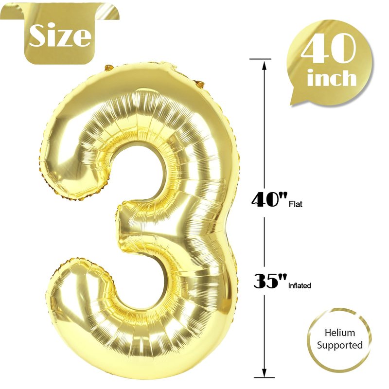 Champagne Gold 3 Balloon, Number Balloons 40 Inch, Light Gold 3rd Birthday Decorations for Kids Girls Women Party Supplies for Party Decorations, Number 3 Balloon