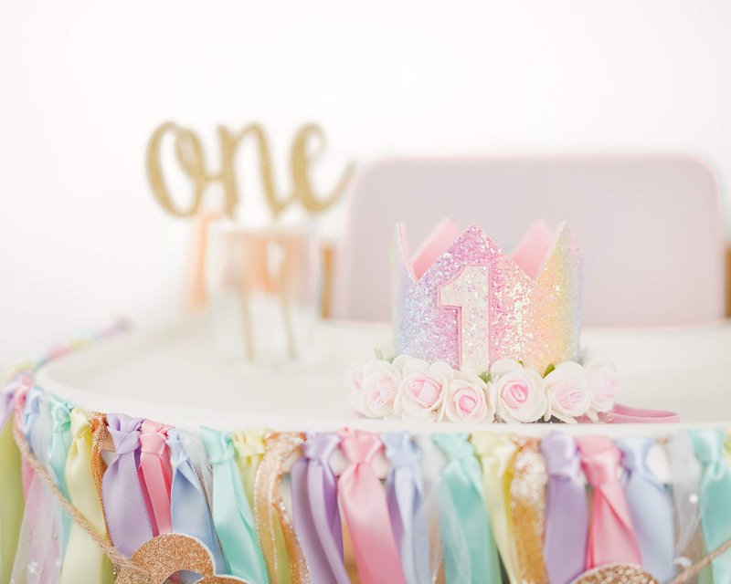PapaKit Girls 1st Birthday High Chair Premium Decoration Set - Pastel Rainbow Ribbon Garland, Crown, One Banner & Cake Topper | Unicorn, Donut & Ice Cream Theme Cake Smash Photo Pro
