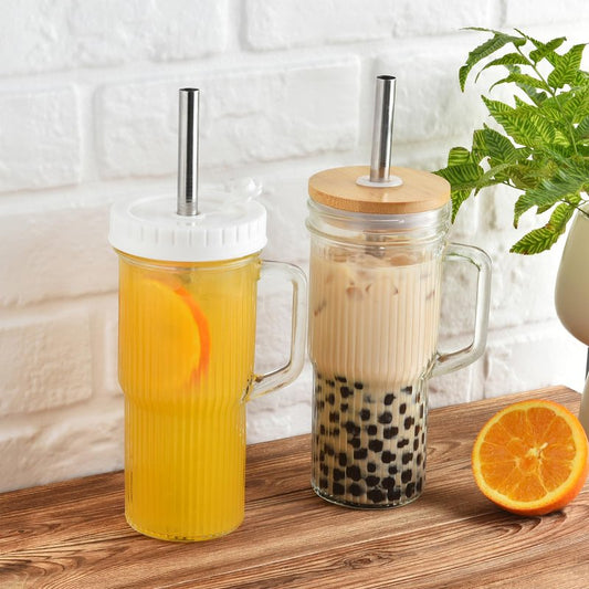 ALINK 24oz Ribbed Glass Cups with Bamboo Lids and Straws, 2-Pack Glass Tumbler with Handle, Reusable Iced Coffee Cups, Wide Mouth Mason Jar Boba Smoothie Cups, Drinking Glasses with 2 Brush