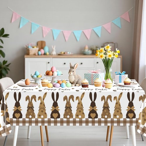 Avezano 3pcs Happy Easter Tablecloth 108 x 54 inch Buffalo Plaid Easter Party Tablecloths Rectangular Brown Bunny Plastic Table Cloth Disposable for Party Decorations