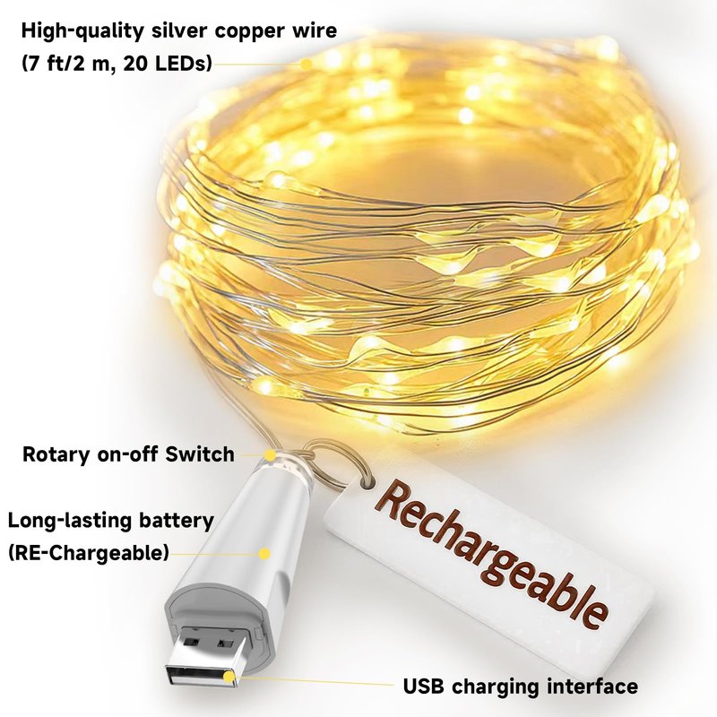 Dumcuw Fairy Lights USB Rechargeable Battery Operated, 7ft 20 LED String Lights Indoor for Bedroom Mason Jars Wedding Table Centerpieces Decorations Christmas Party Decor(Warm, 3 Pack)