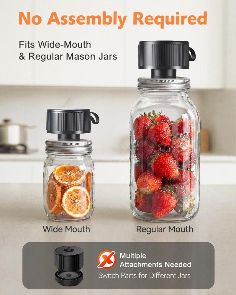 Auletor Electric Mason Jar Vacuum Sealer, [2026 Upgraded] One-Piece Handheld Vacuum Sealer Kit for Wide & Regular Mouth Jars, Portable Cordless Sealer for Food Storage, Homesteading & Meal Prep