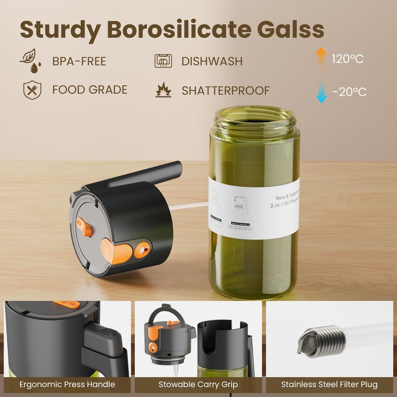 LAKUMIQI 2 in 1 Oil Sprayer for Cooking, 17oz Light-Blocking Glass Spray Bottle with Stickers, Oil Dispenser for Salad, Air Fryer & BBQ