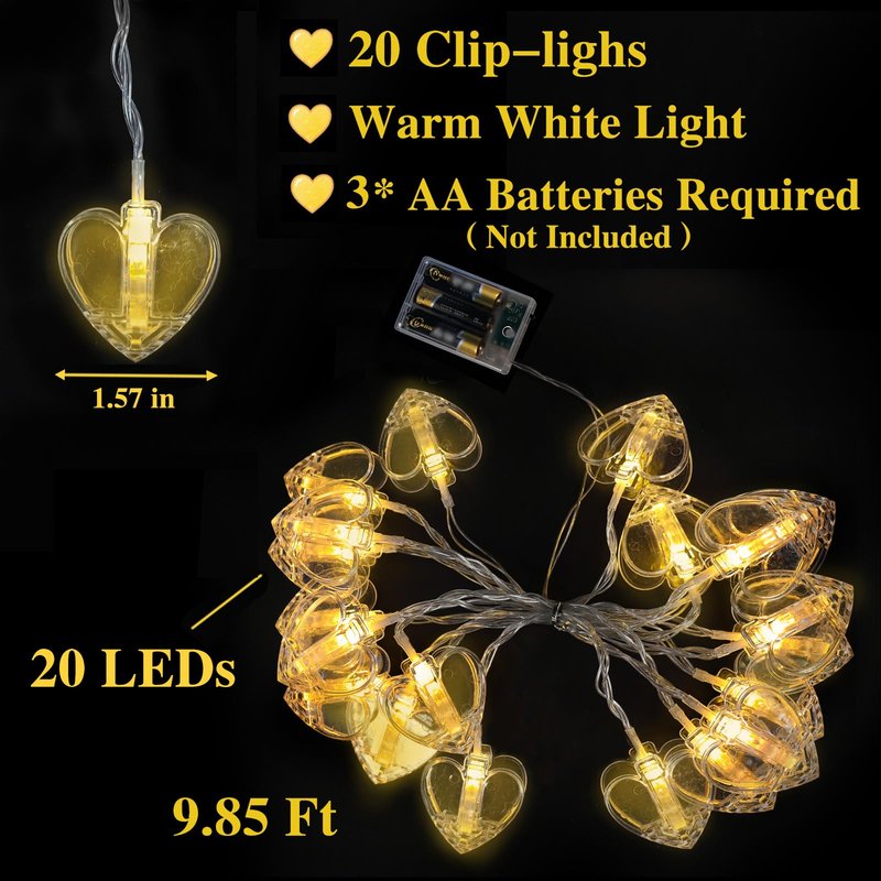 20 Photo String with Clips for Hanging Pictures,9.85Ft Clear Photo Clip Lights for Indoor/Outdoor Wall Bedroom Wedding Birthday Party Home Decorations (Heart)