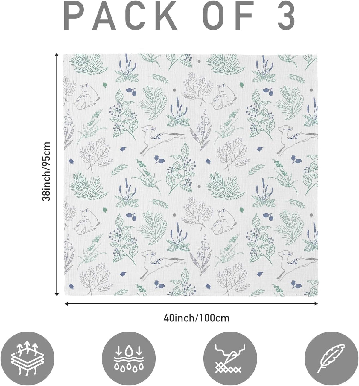 Skiennix Muslin Swaddle Blankets - Breathable Soft Receiving Blankets, 3 Pack, Large 38 x 40 Inches (Fawn & Leaves)