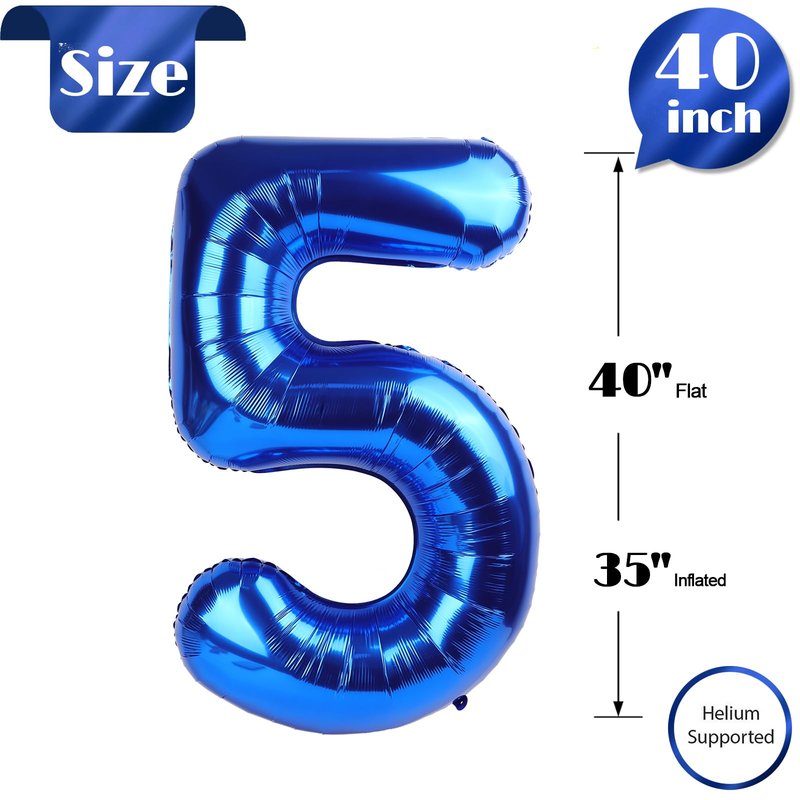 Metallic Blue Number 5 Balloon 40 Inch, 5th Birthday Party Decorations for Children, Giant 5 Foil Balloon for Party Supplies