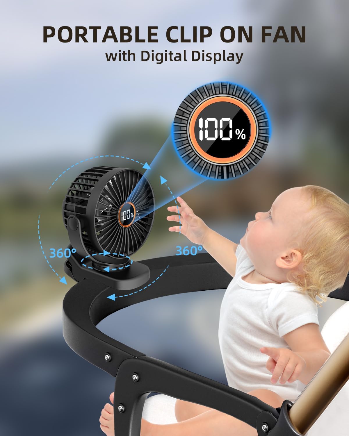 TUNISE Mini Clip-On Fan - Battery Operated, 3-Speed Adjustable, 360° Rotation - Portable Black Fan for Home & Office