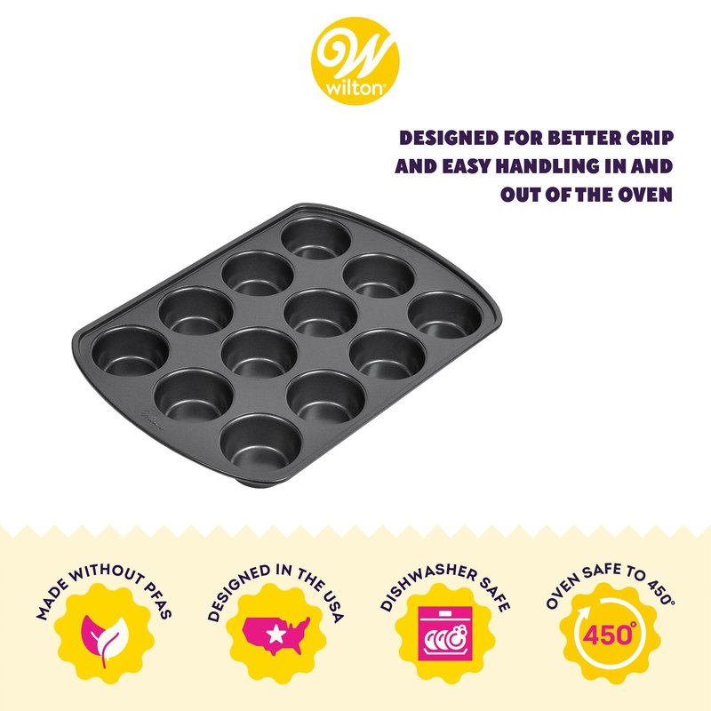 Wilton Gold Non-Stick Bakeware Muffin Pan - Baking Pan for Muffins & Cupcakes - Made Without PFAS, Dent Resistant & Dishwasher Friendly - Offers Even Heat Distribution - 10.5 x 15 x 2 Inches, 12 Cup