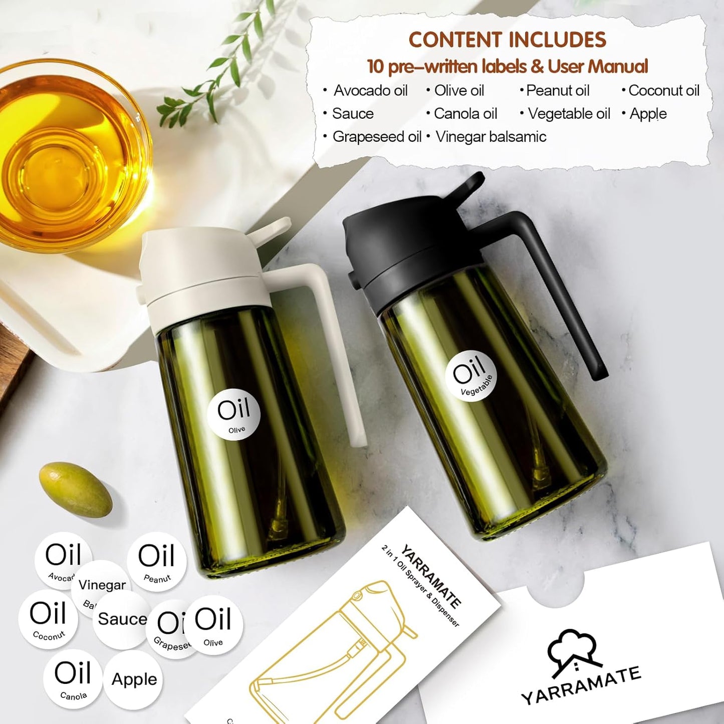 YARRAMATE Olive Oil Dispenser Bottle - 2-in-1 Light Blockage Dark Oil Sprayer, 16oz Green Glass | Food-Grade Mister for Cooking & BBQ