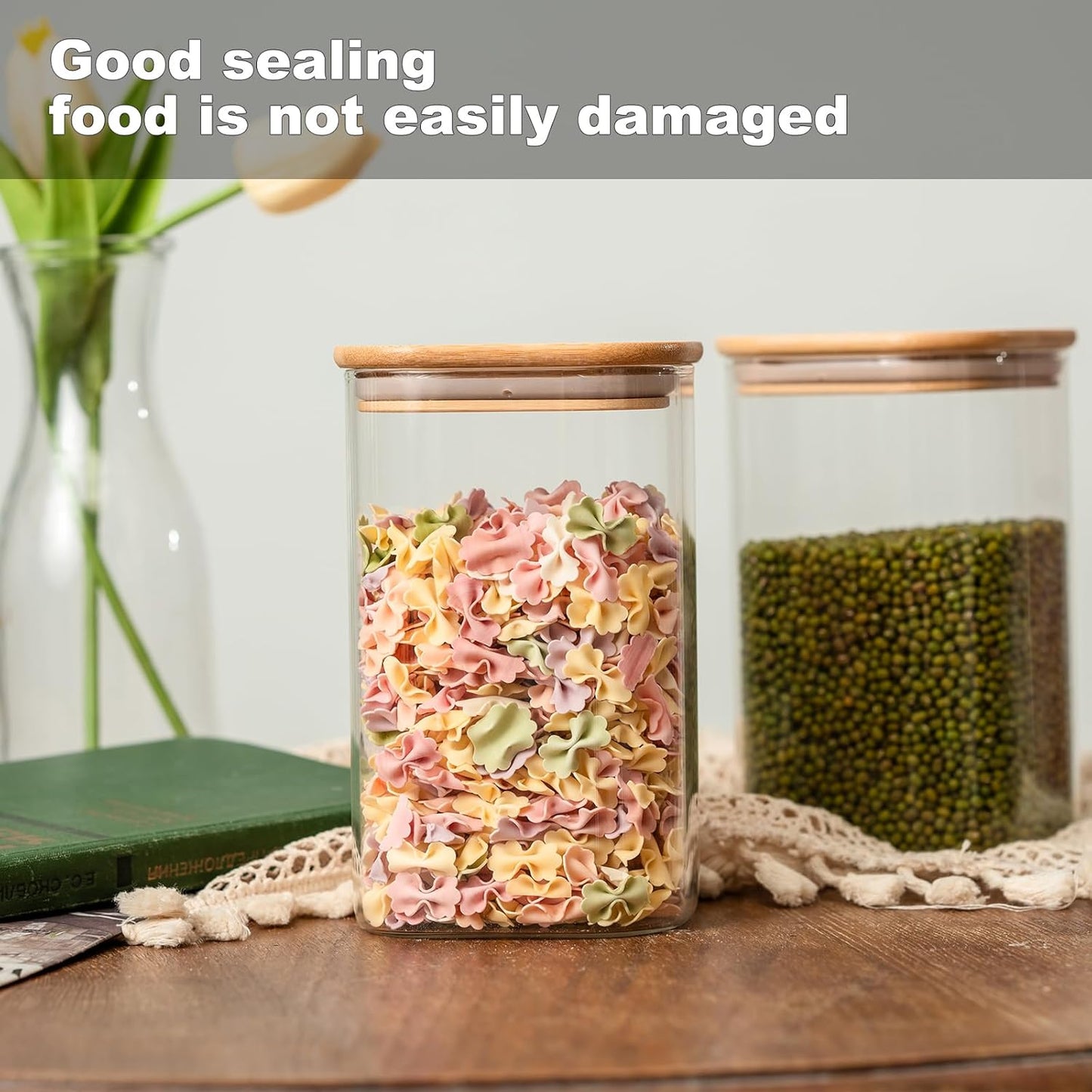 Skiennix Glass Food Storage Jars - 37 Oz Airtight Canisters with Bamboo Lids | Set of 6 for Tea, Coffee, and More