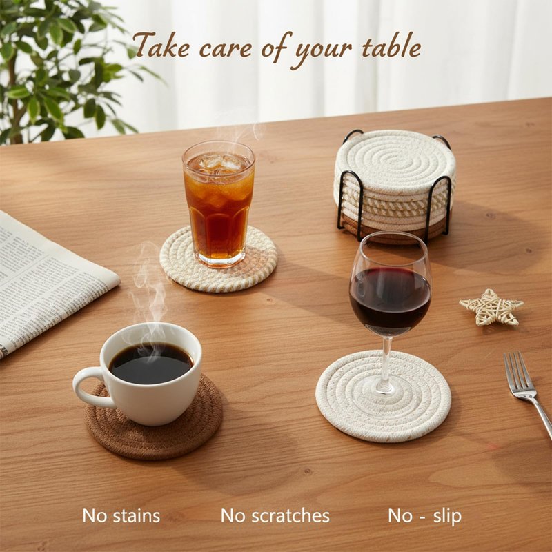 ZEXOLAP Drink Coasters Set of 8 with Holder – Cotton Woven Absorbent Coasters, 4 Colors for Coffee, Beer, Drinks & Tabletop Protection