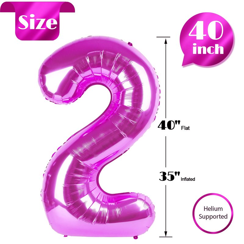 Rosy Purple 2 Balloon, Number Balloons 40 Inch, 2nd Balloon Number Birthday Decorations, Second Two Birthday Party Supplies, Number 2 Balloon