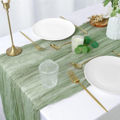 FEXIA Cheesecloth Table Runner Sage Green for Woodland Baby Shower Bridal Wedding Decoration Gauze Rustic Table Runner for Party First Communion Centerpiece Engagement 35x120 Inches