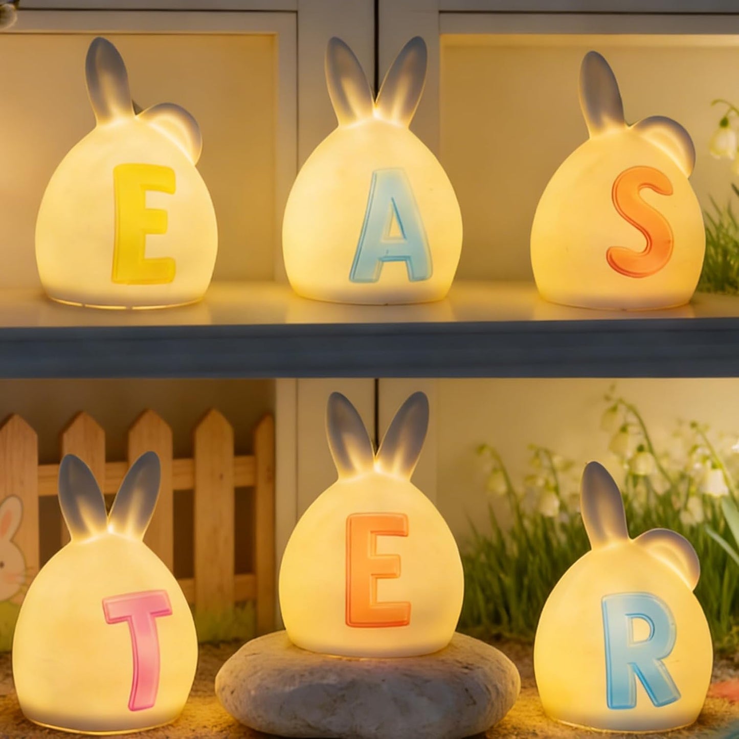 Nerosun Easter Bunny Decorations - 6 Pack Ceramic Lighted Rabbit Figurines | Spring Table Centerpiece