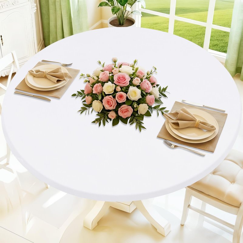 Moosfor Round Spandex Tablecloth, Elastic Fitted Waterproof Tablecloths for 31"-35" Tables, Stretch Washable Picnic Table Cover for Camping, Dining, Indoor and Outdoor, White