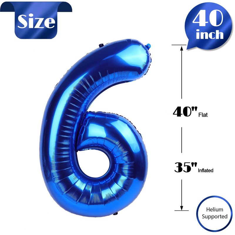 Metallic Blue Number 6 Balloon 40 Inch, 6th Birthday Party Decorations for Children, Giant 6 Foil Balloon for Party Supplies
