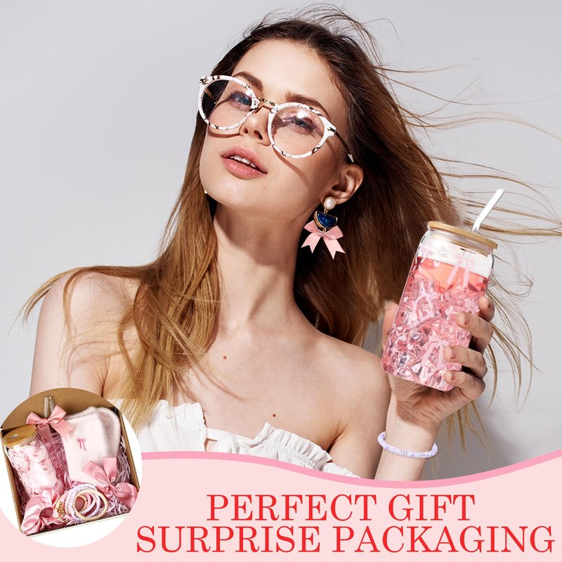 Remerry 14 Pcs Coquette Pink Bow Birthday Gift for Women Happy Birthday Gift Box for Teen Daughter Her Sister, Pink Bow Gifts Basket Set with Coquette Glass Cup for Teacher Teen Girls Friends Female
