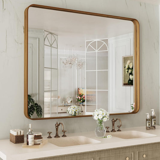 LOAAO Bathroom Mirror - 40x32 Inch Rounded Rectangle Design with Wood Grain Metal Frame | Anti-Rust, Versatile Hanging Options