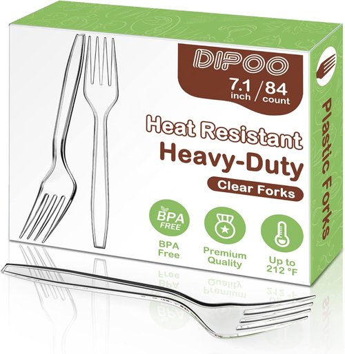 Dipoo Heavy-Duty 7.1" Clear Plastic Forks - BPA-Free, Heat Resistant, Premium Disposable Cutlery (84 Count)