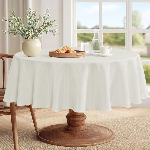 JIUZHEN Round Table Cloth Faux Linen Farmhouse Tablecloth Wrinkle and Stain Resistant Decorative Fabric Table Cover for Kitchen, Dining Room, Parties and Camping, White, 60 Inch Round