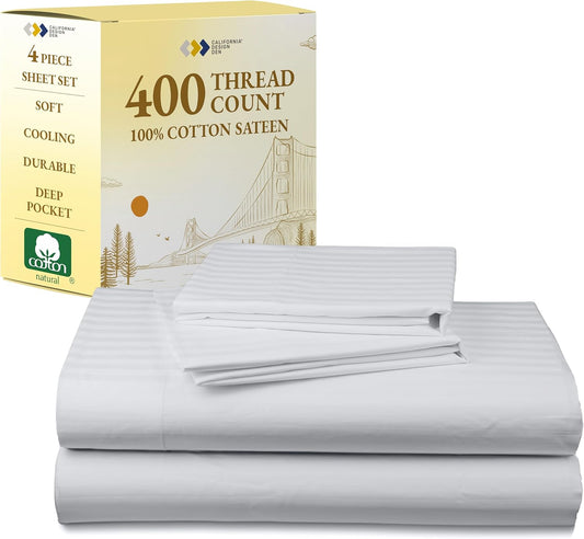 California Design Den King Sheet Set - 100% Cotton, 400 TC, Silky Smooth Sateen, Deep Pockets | Striped White