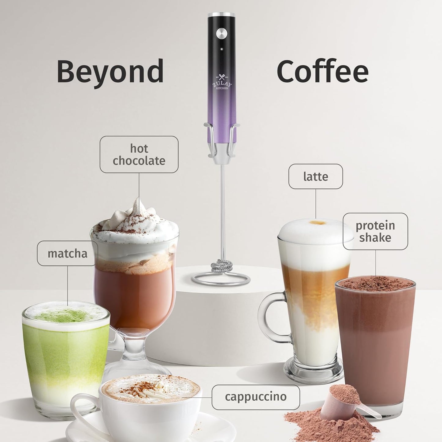 Zulay Kitchen Rechargeable Milk Frother - Powerful 2-Speed Motor, Waterproof, 2000mAh Battery | Perfect for Lattes, Cappuccinos & Matcha - Lux Galaxy