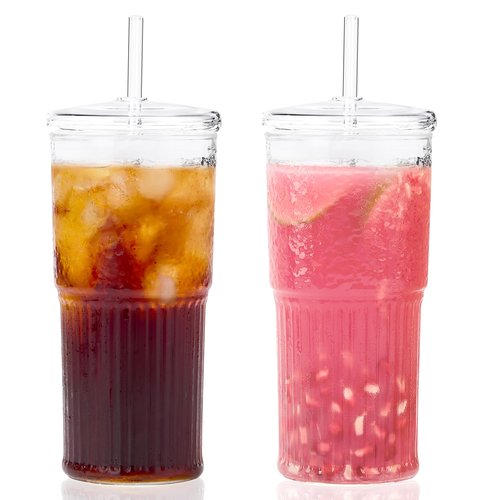 GOSCHE Glass Cups with Lids and Straws, 20oz Glass Cups Drinking Jar, Clear Iced Coffee Cups, Vintage Ripple Glass Tumbler for Water Coffee Tea, Clear, 2Pcs