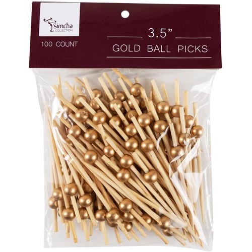 Eco-friendly Gold Wooden Ball Food Picks (Pack of 100) - Sustainable Skewers And Bamboo Picks for Charcuterie, Appetizers, & Cocktail Picks For Parties, Casual Dining & More, 3.5"