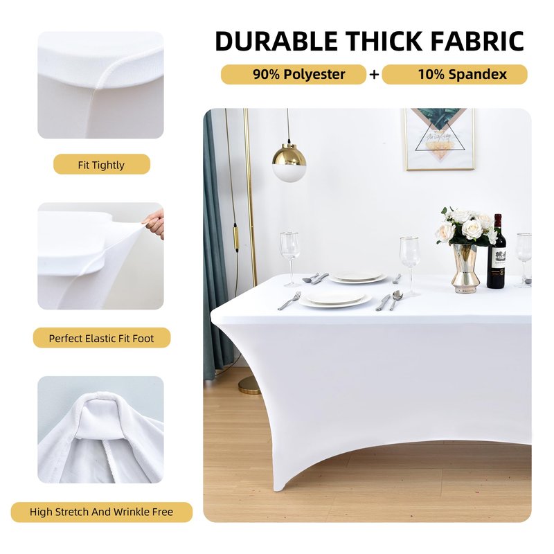 ZarzaaSik 2-Pack 6ft White Spandex Table Covers for Rectangle Standard Folding Tables - Wrinkle Resistant Stretch Tablecloths - Ultimate Fitted Table Protector for Parties, Trade Shows, Banquet